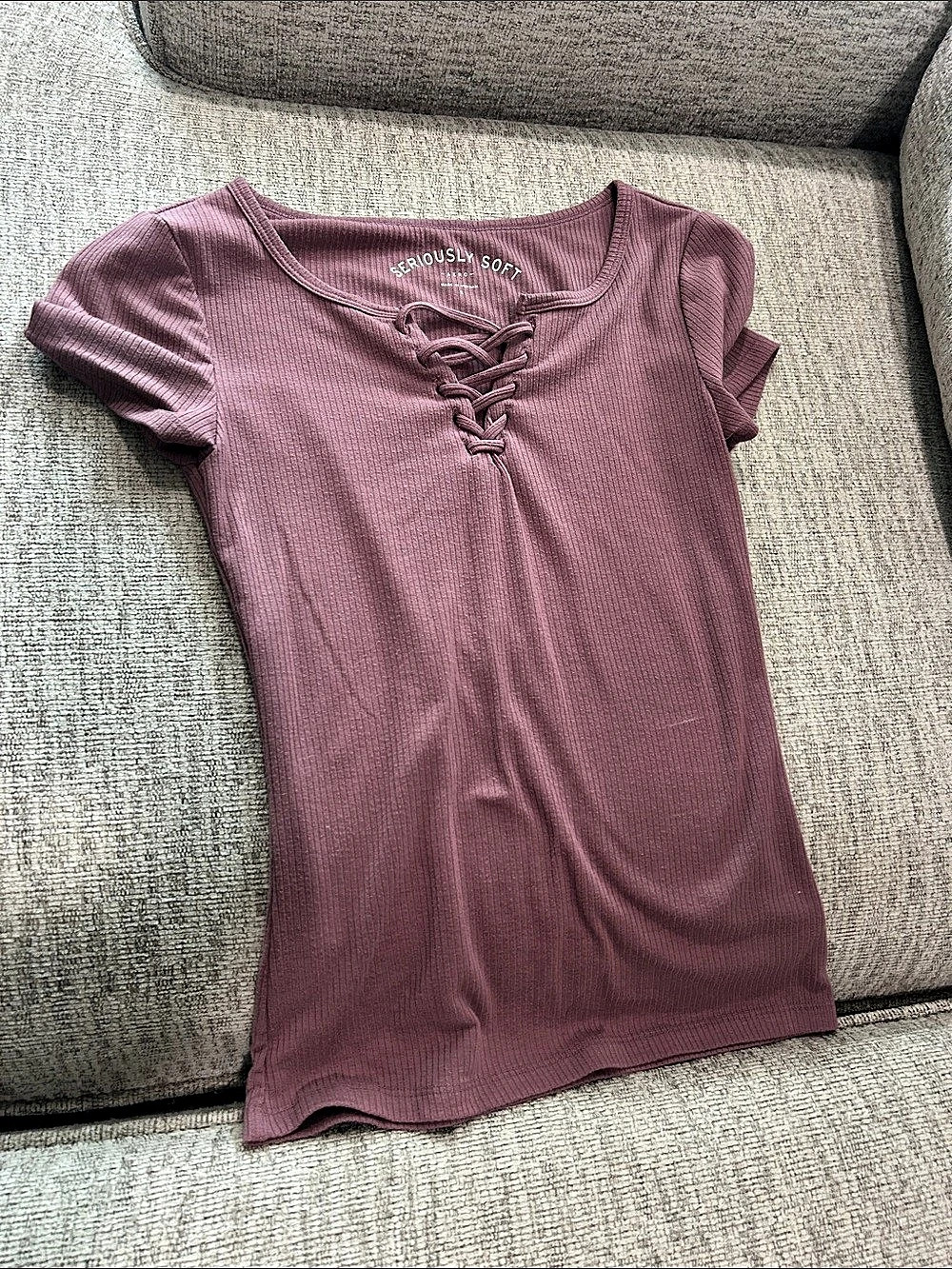 Seriously Soft Lace-Up Short Sleeve Top in Purple Like New